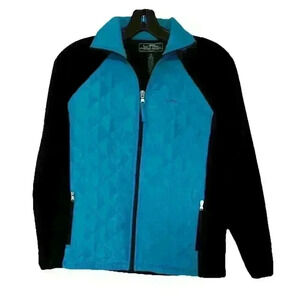 LRL Ralph Lauren Womens Petite S Blue Quilted & Black Polar Fleece Zip Up Jacket